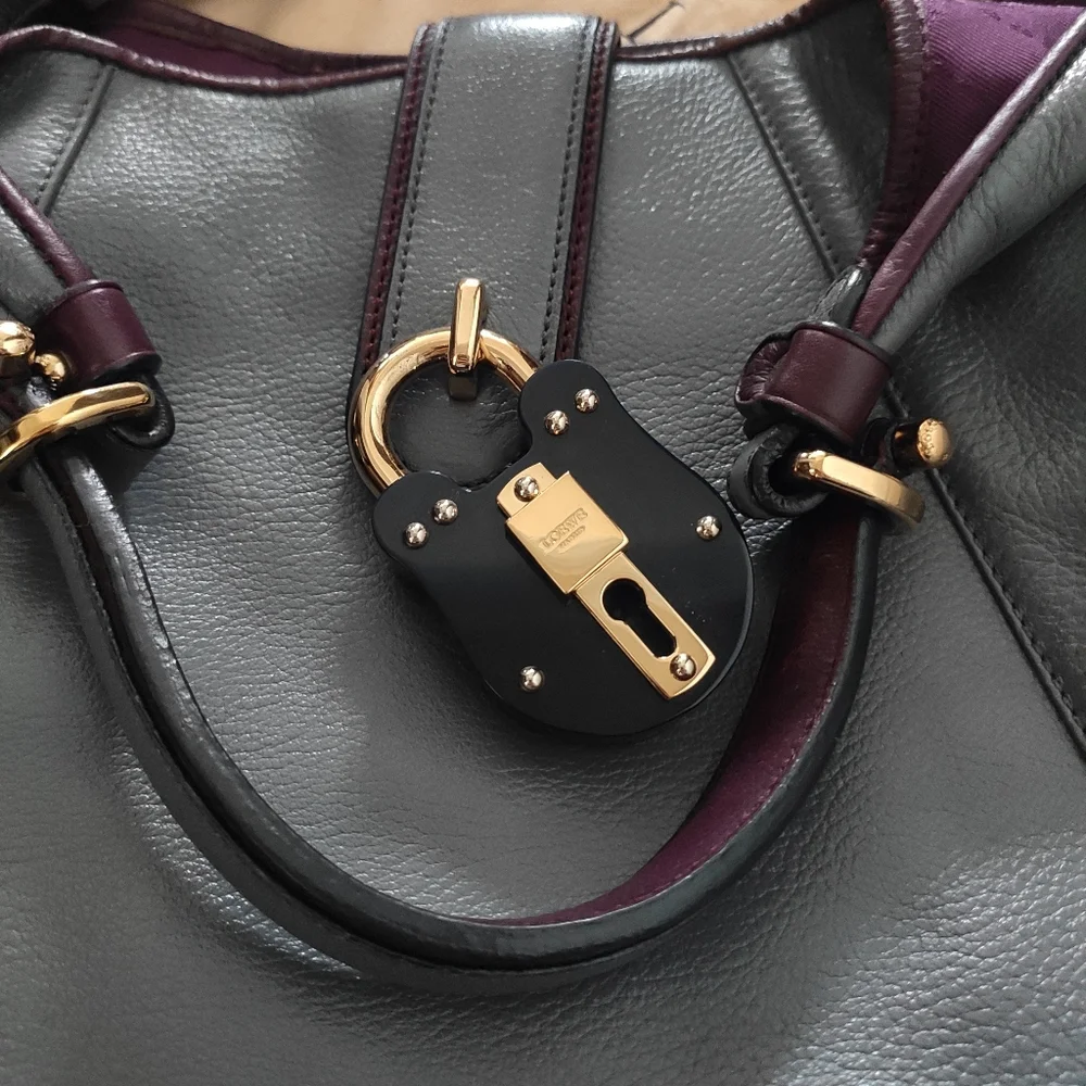Loewe Calle Grey with Purple Trim Leather Hobo Bag